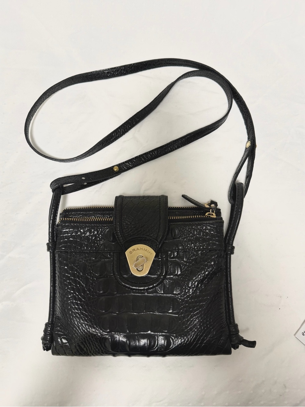 Brahmin Black Croc-Embossed Leather Crossbody with Gold Hardware